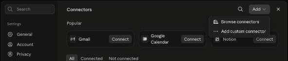 Claude's Connectors settings screen with the Add menu open, showing two items: Browse connectors, and Add custom connector.