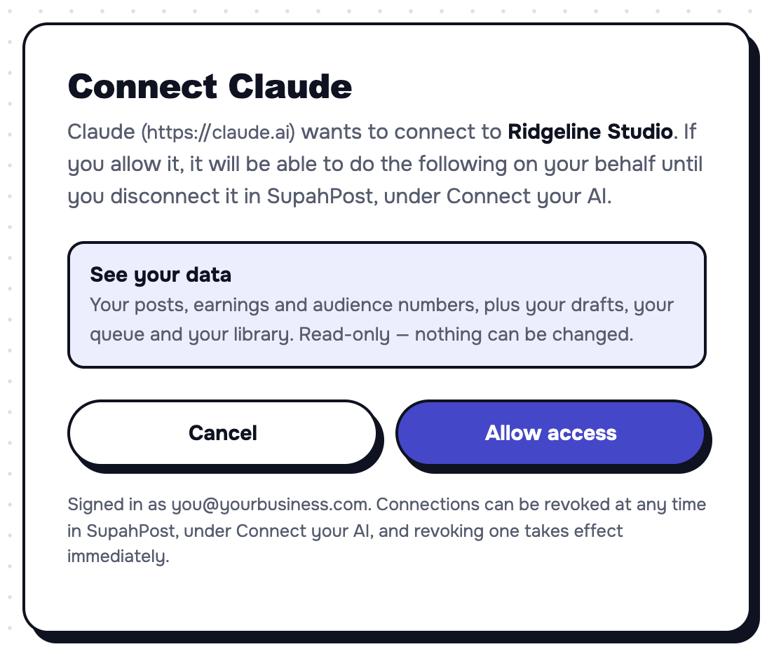 The SupahPost approval screen: Connect Claude, a sentence explaining that Claude wants to connect to the workspace, a See your data panel describing read-only access, and Cancel and Allow access buttons.