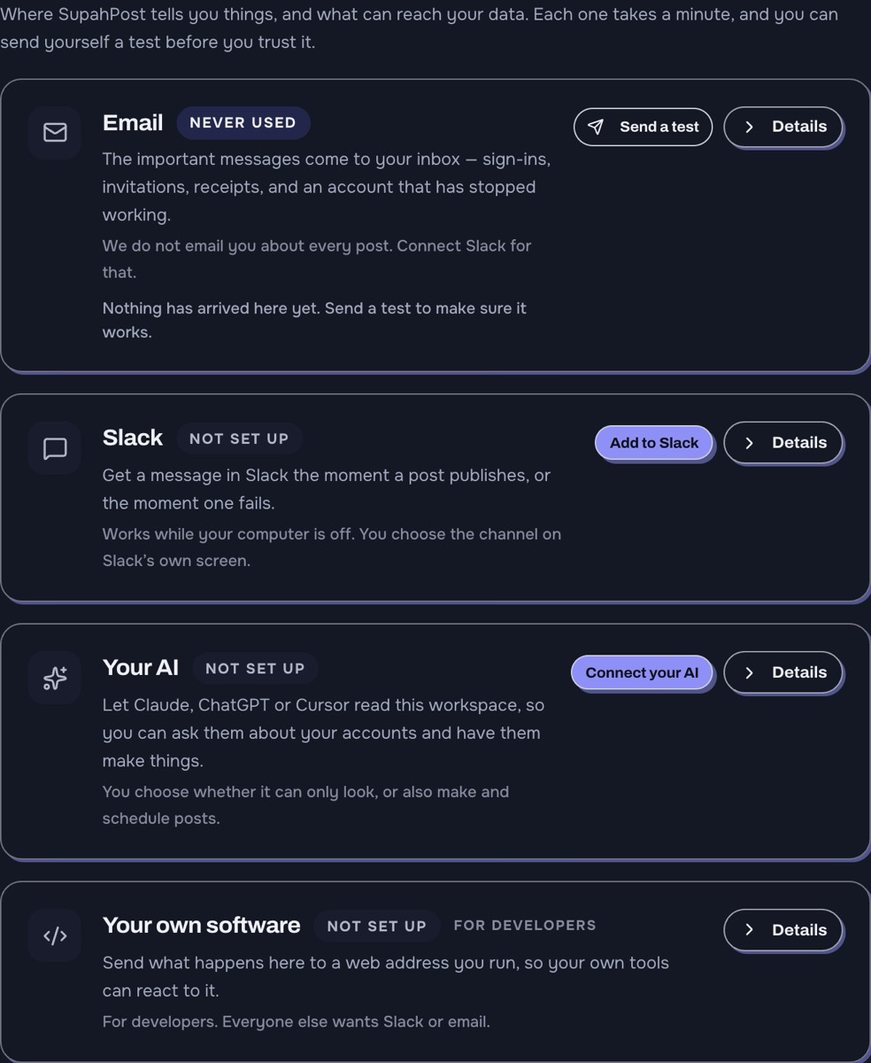 The Connections screen with four rows: Email, Slack, Your AI and Your own software