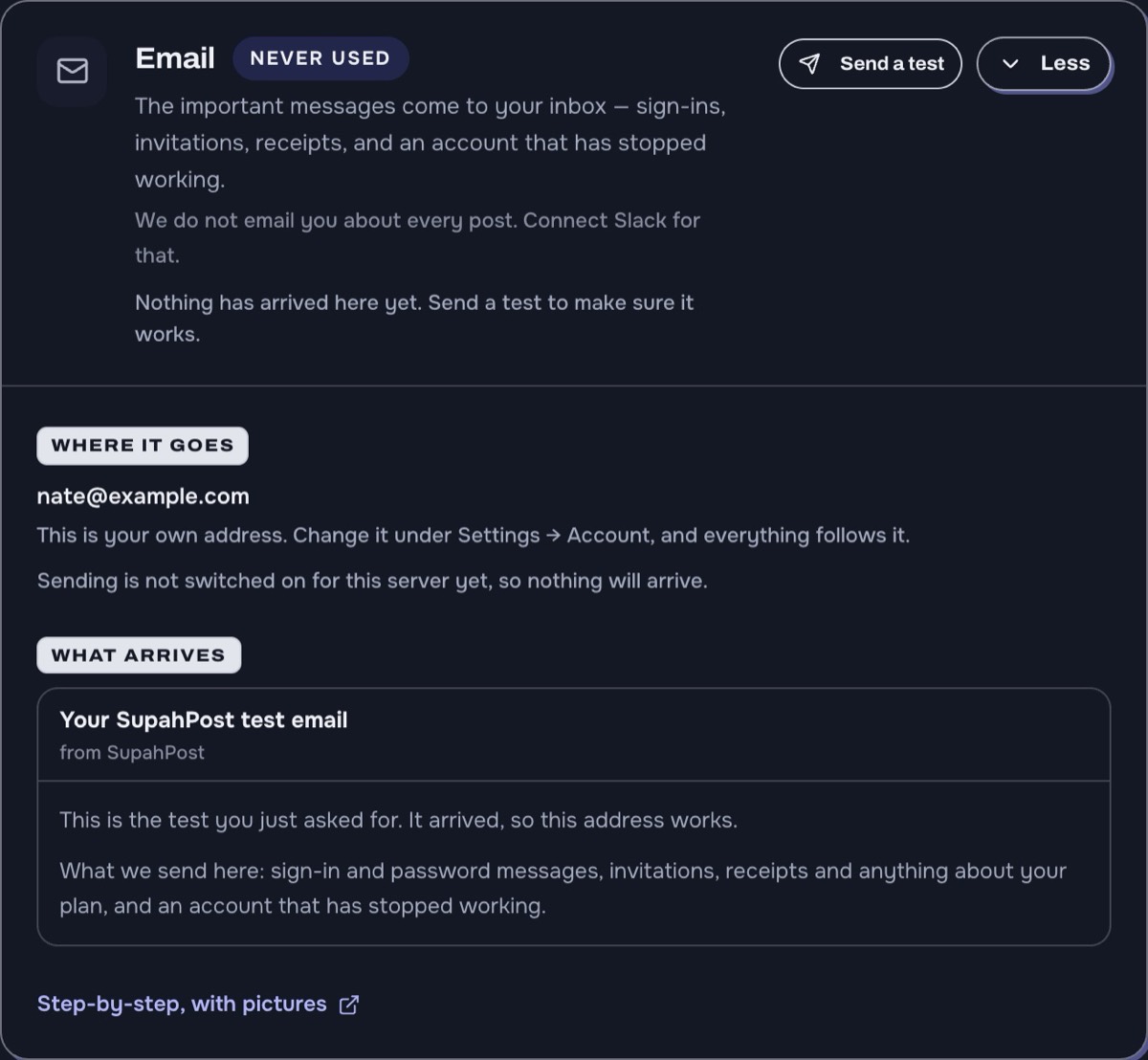 The Email row expanded, showing the address it goes to and a preview of the message