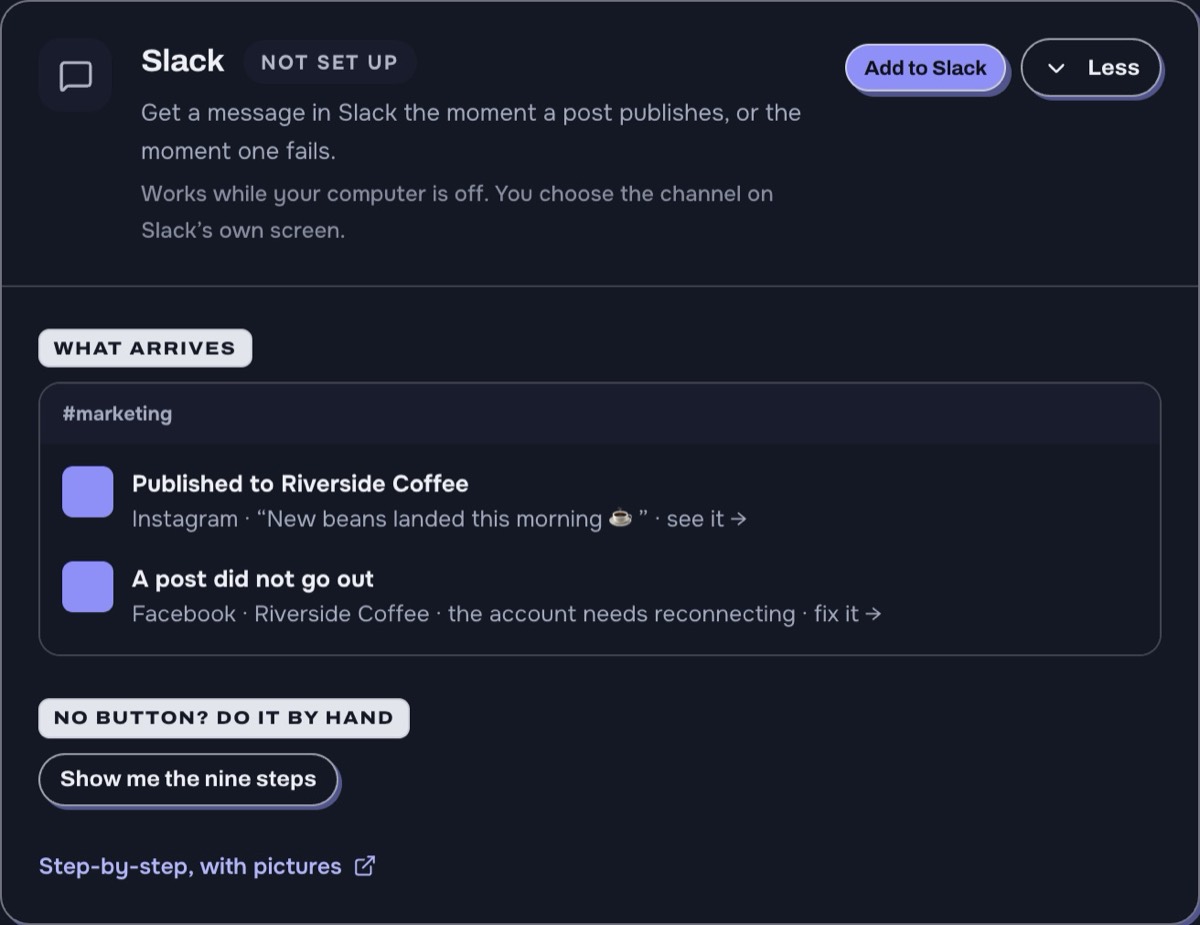 The Slack row on the Connections screen, showing two example messages inside a channel called hash marketing