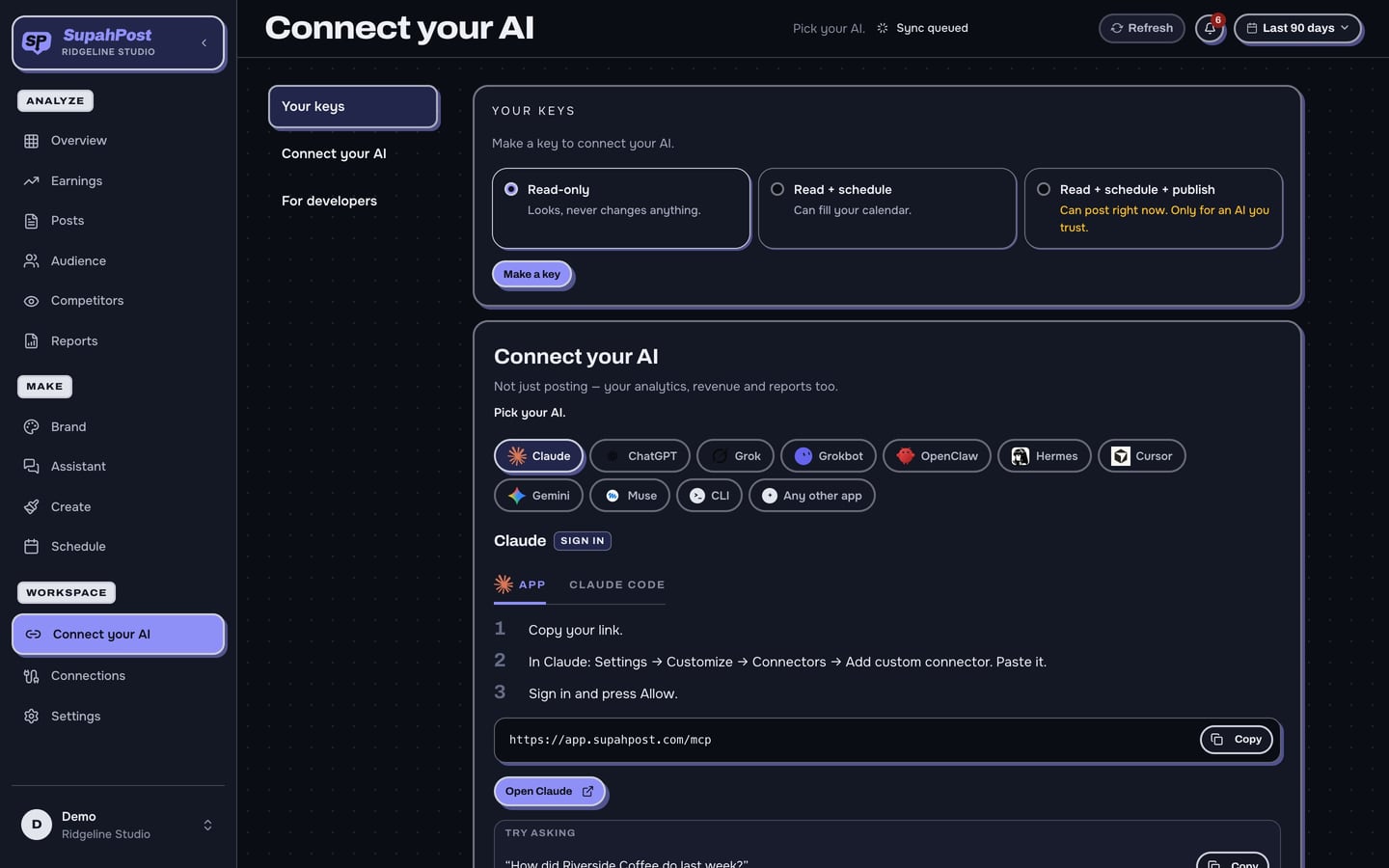 The Connect your AI screen in SupahPost: pick your AI, copy your link, and sign in